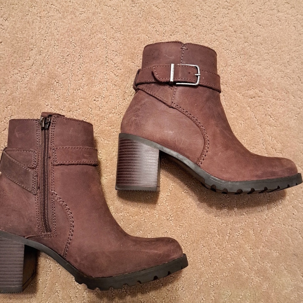 CLARKS Light Brown Suede Ankle Heeled Boot